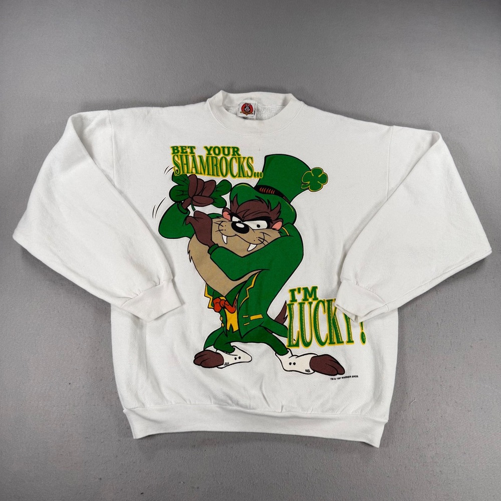 Vintage 1997 Looney Tunes Taz St Patricks Day Tultex Sweatshirt White Large USA